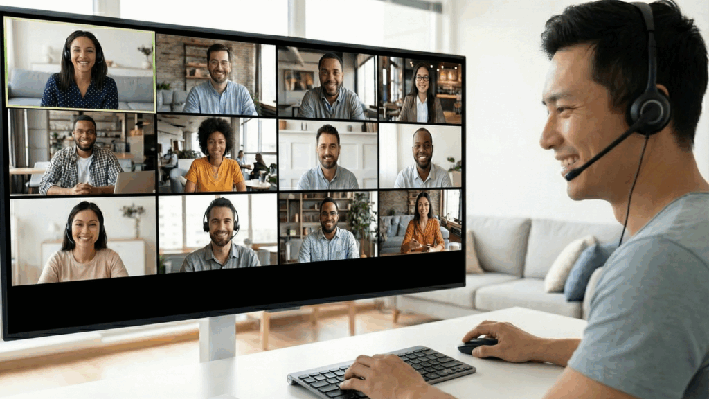 Hiring manager conducting a virtual meeting with a diverse group of candidates, demonstrating effective recruitment strategies and a positive candidate experience.