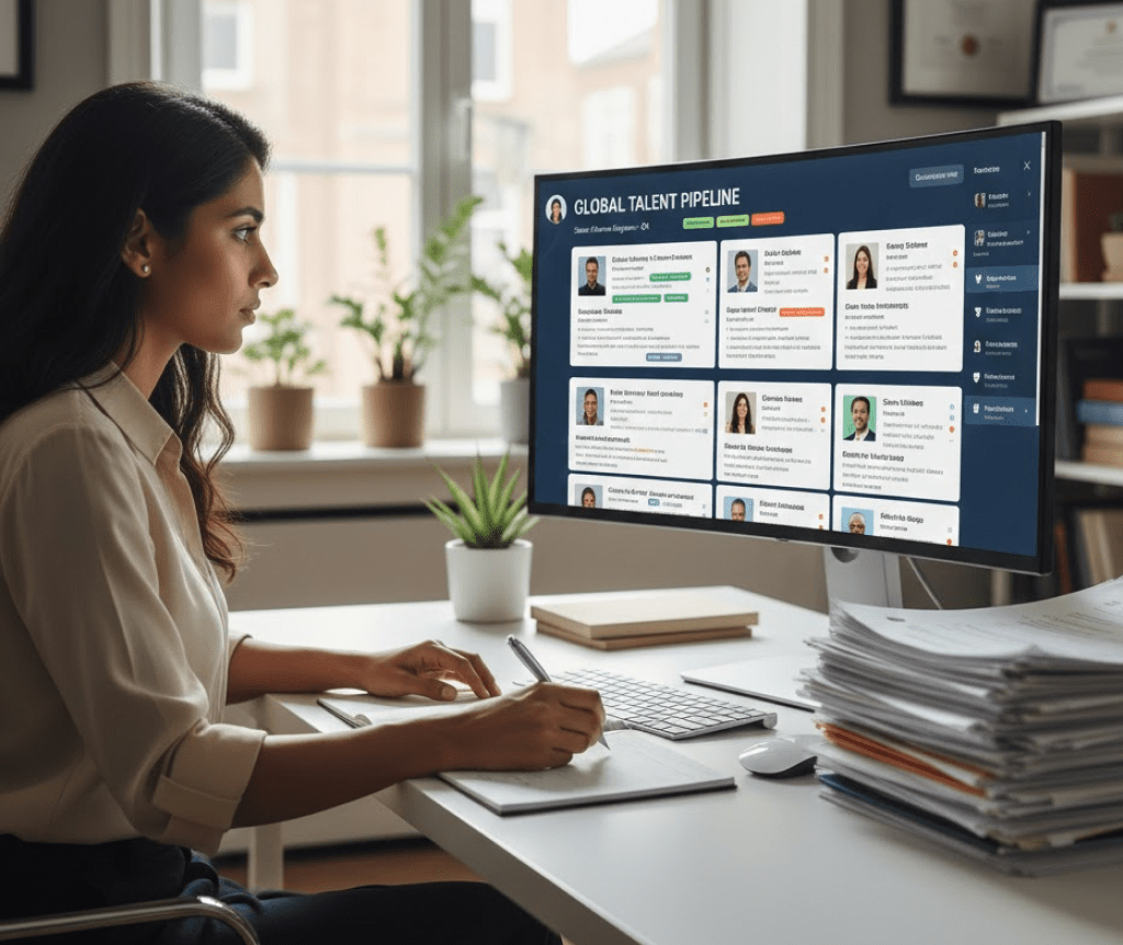 Recruitment specialist reviewing a global talent pipeline dashboard displaying offshore candidates from multiple countries, illustrating why offshore recruitment works