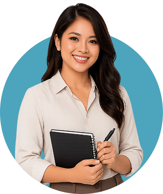 Offshore virtual assistant holding a notebook and pen