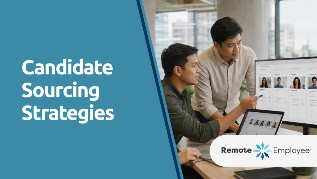 Modern hiring team using candidate sourcing strategies, AI sourcing tools, and global talent pipelines to identify qualified candidates faster.