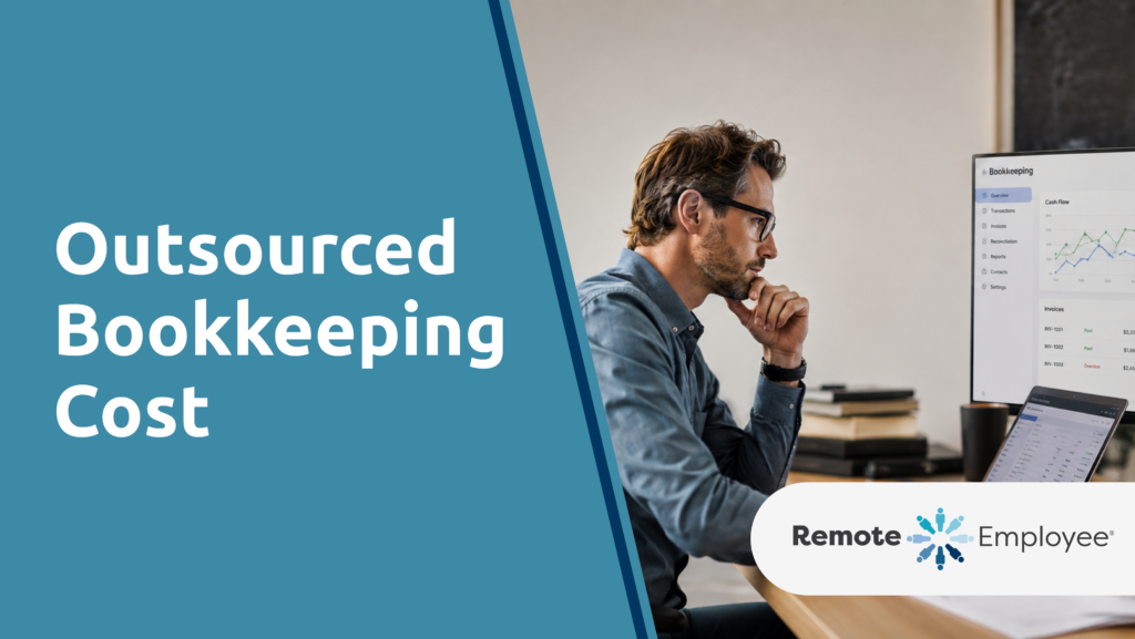 Business leader reviewing outsourced bookkeeping costs including labor, transaction volume, software, reconciliations, and finance support.
