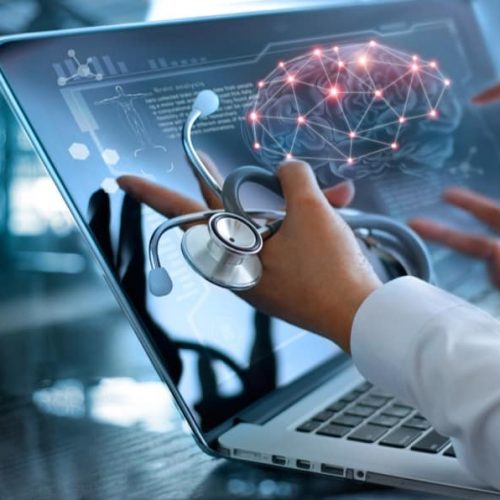 Medicine doctor team meeting and analysis. Diagnose checking brain testing result with modern virtual screen interface on laptop with stethoscope in hand, Medical technology network connection concept. IT Disaster Recovery Solutions